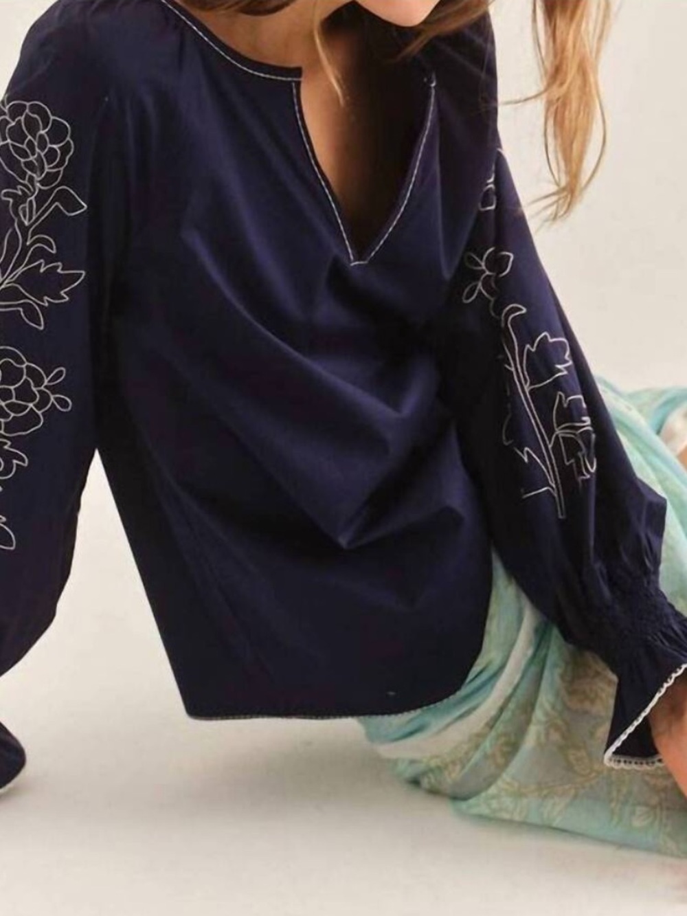 NWT Cartolina Nantucket Blouse Stella Embroidered Long Sleeve in Midnight Blue